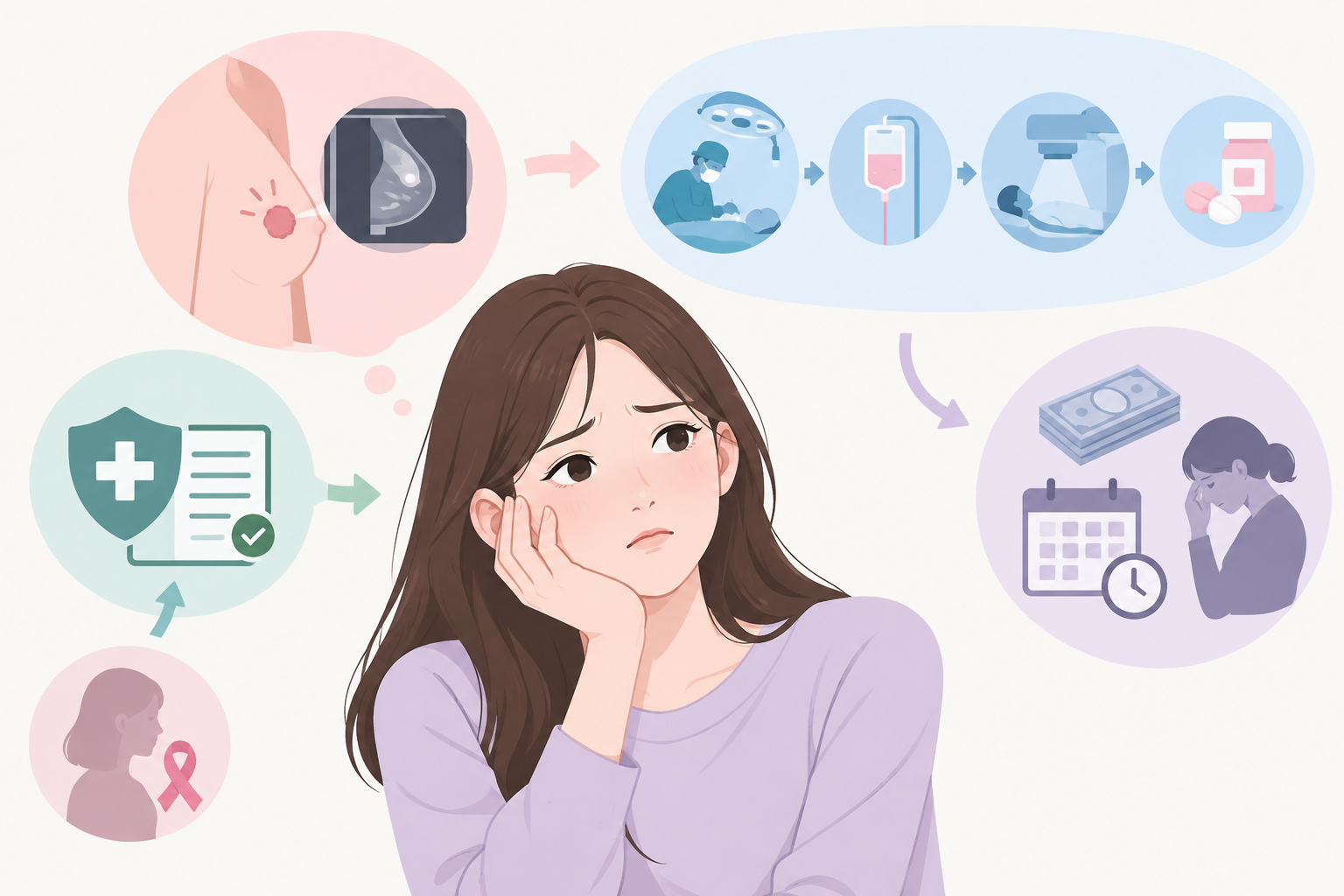 20대 여성이 보험을 들지못해 후회하는 모습을 그려줘