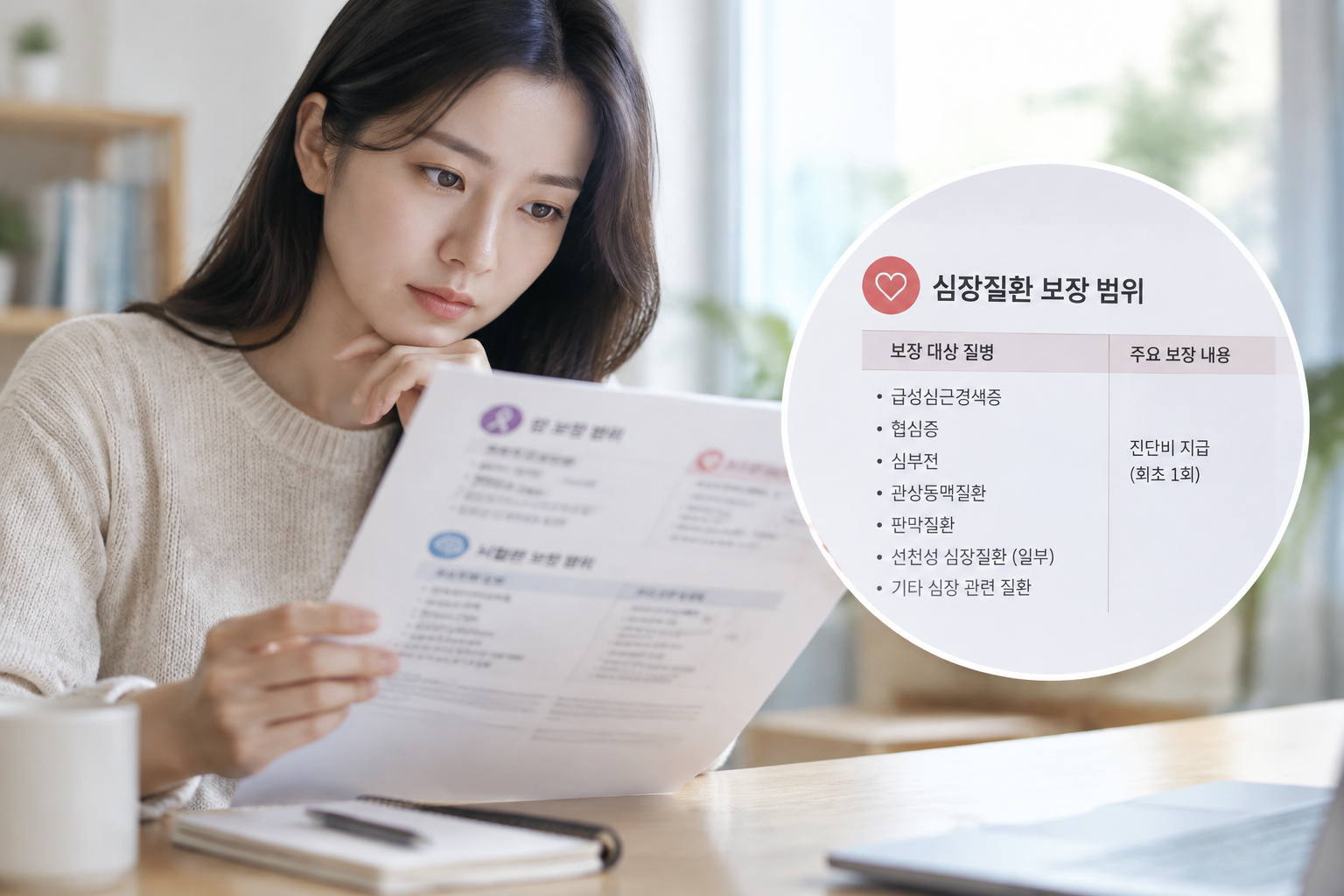 암 뇌혈관 심장질환 보장의 범위를 읽고 있는 모습을 그려줘 심장질환 보장범위가 잘 보이게 만들어줘
