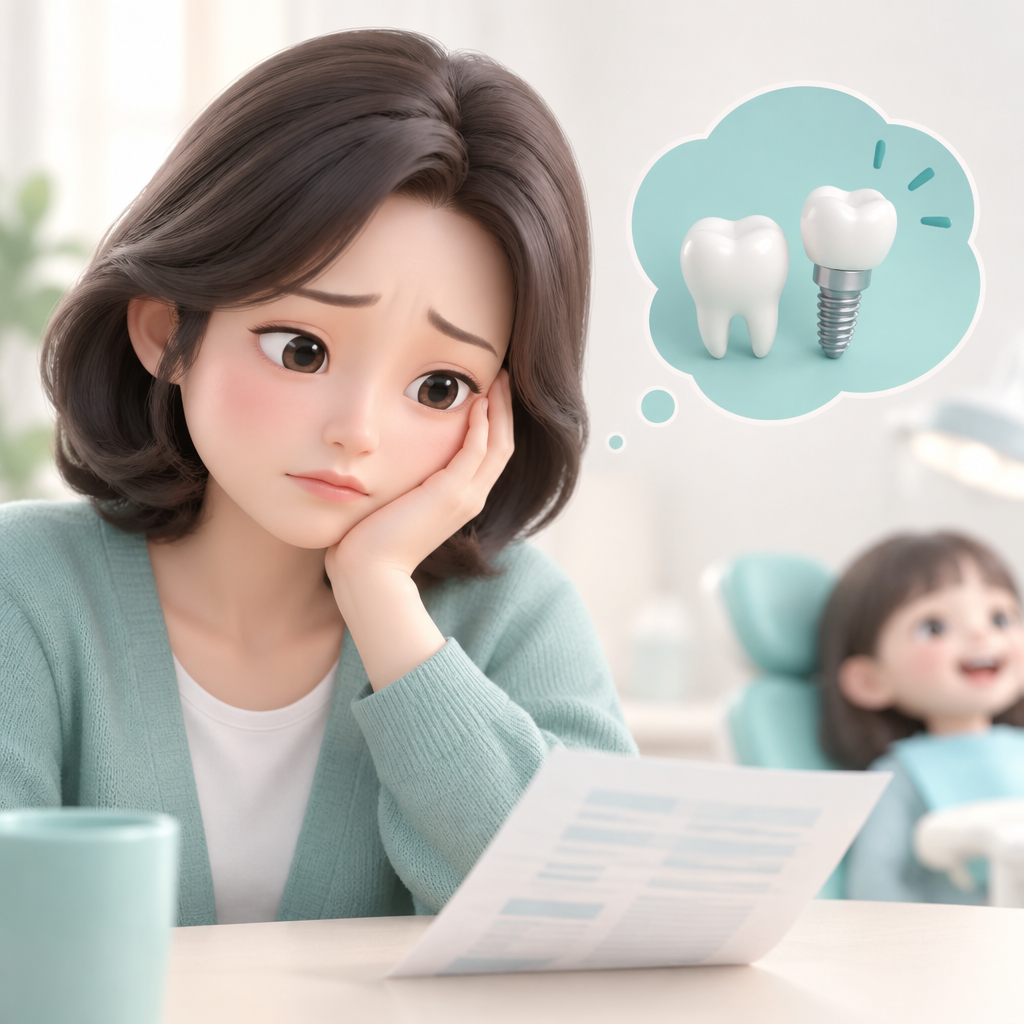 치아보험 안들어서 후회하는 엄마모습그려줘