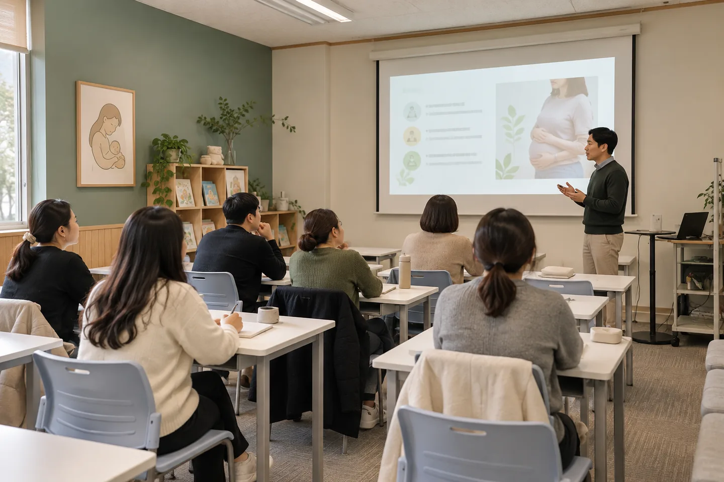 질문과 설명이 오가는 소규모 클래스 · 실제 운영 자료를 참고한 AI 재구성 이미지