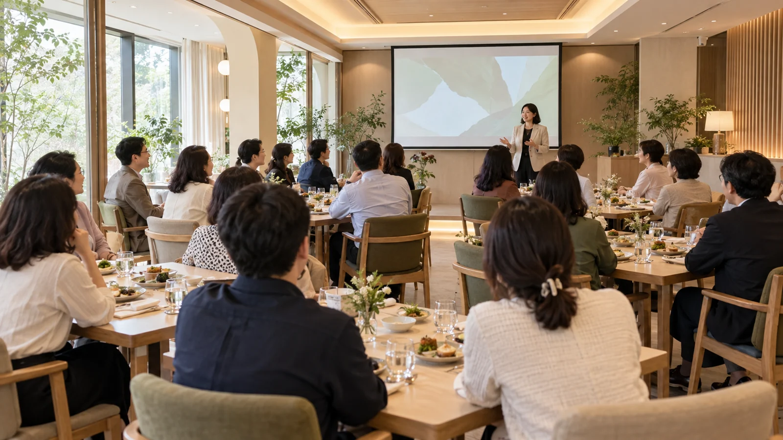 식사와 설명이 어우러지는 만남 · 실제 운영 자료를 참고한 AI 재구성 이미지